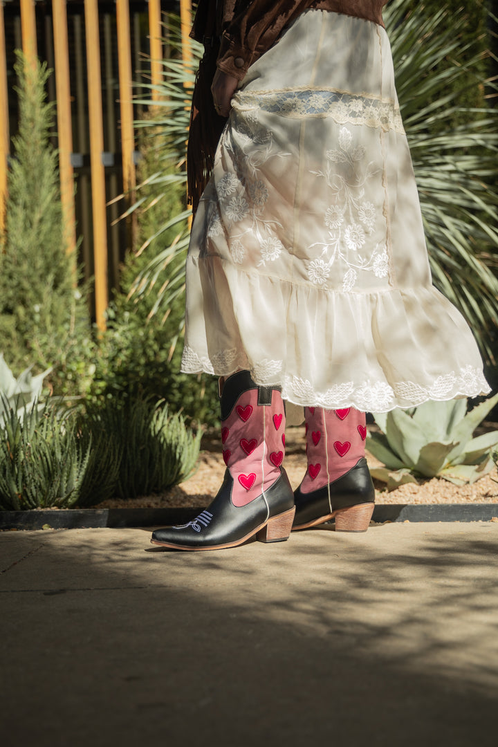 Pink Cowgirl Boot with Red Hearts