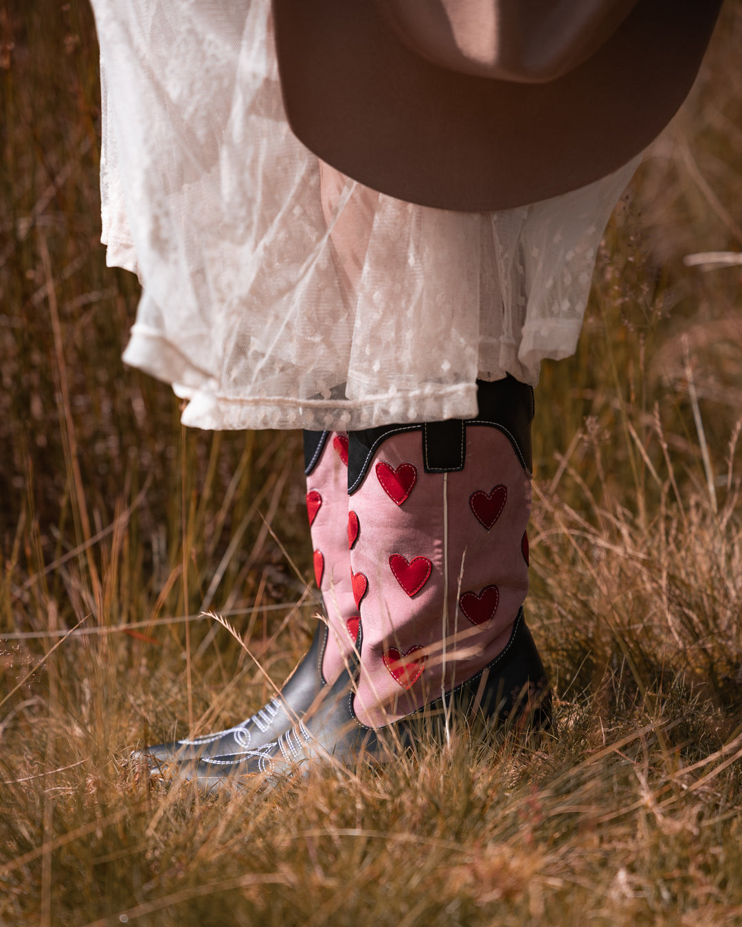 Pink Cowgirl Boot with Red Hearts