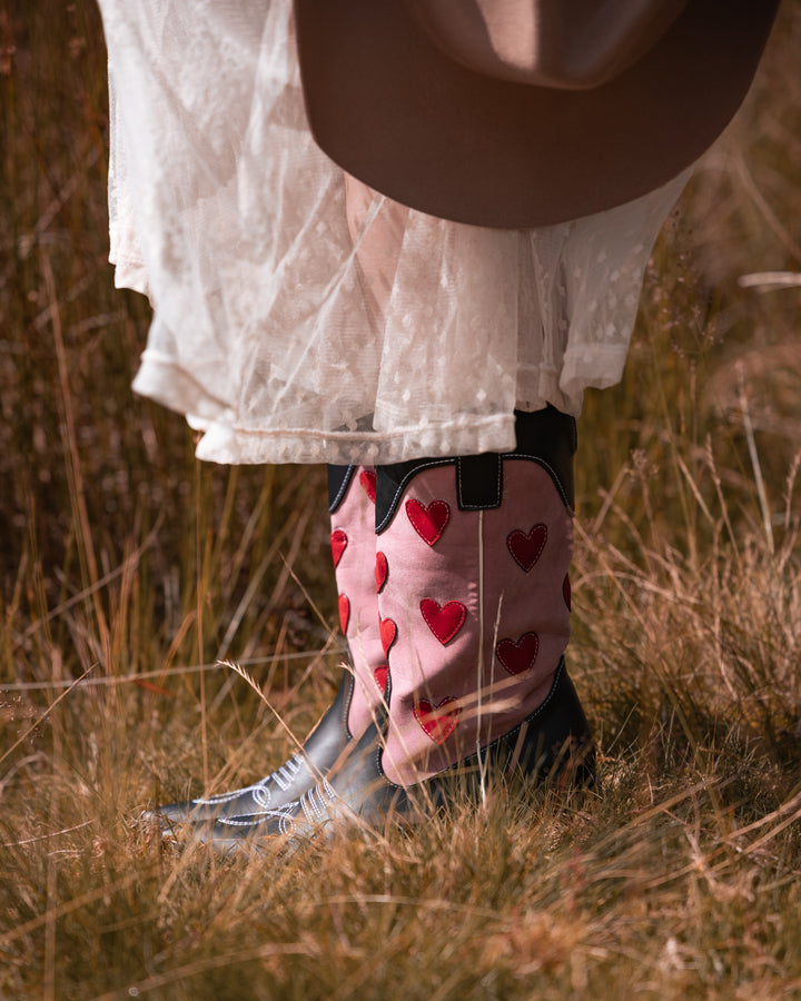 Pink Cowgirl Boot with Red Hearts